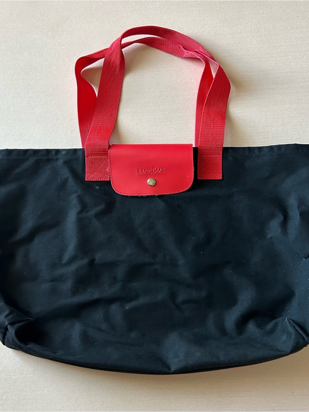 Lancôme Black Tote with Red Straps and Flap